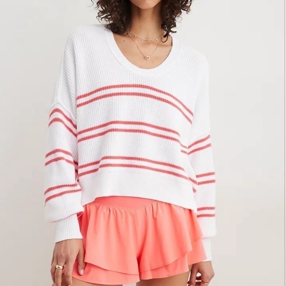Aerie Beyond Cropped Sweater White Coral Red Stripes Size S